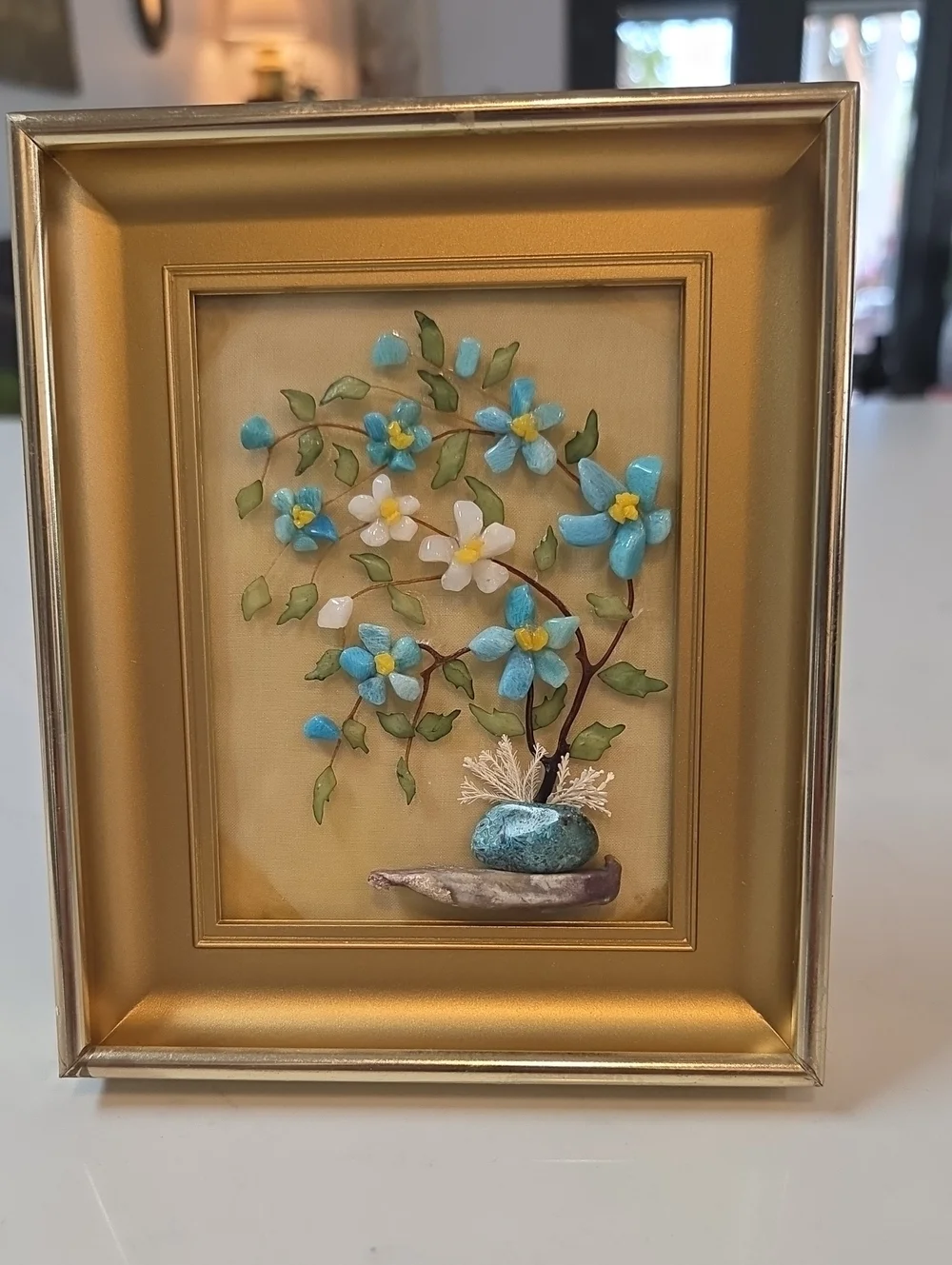 Vintage Gold Framed Mosaic Stone Art 5 By 6 Inch.